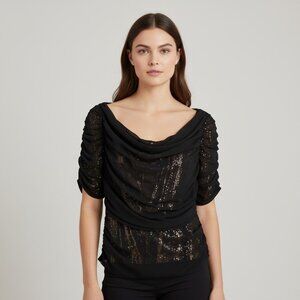 Tadashi Shoji Black Ruched Chiffon Sequin Draped Evening Top Size 16